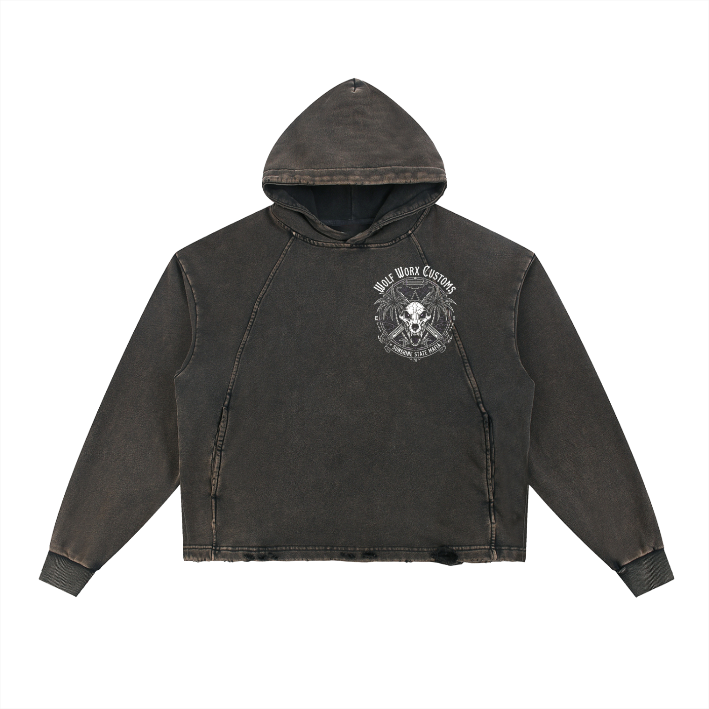 Wolf Worx Customs Sunshine State Mafia Vintage Washed Frayed-Hem Hoodie