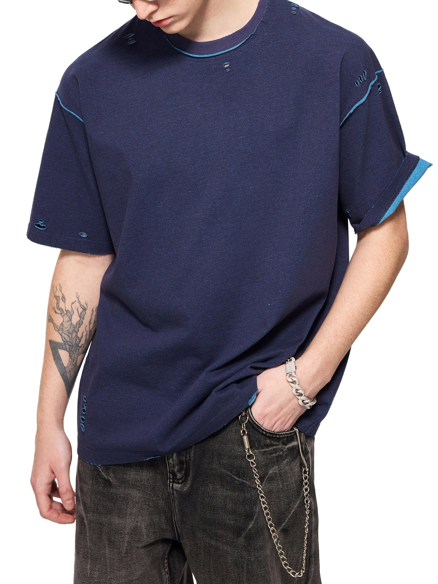 Wolf Worx Customs Fast & Feral Blue Hand-frayed Reversible T-shirt